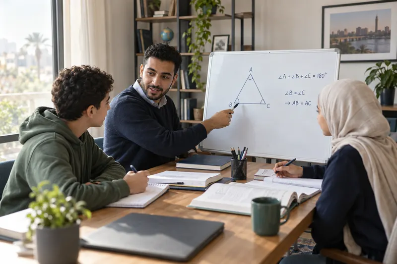 A tutor points to a geometry problem on a whiteboard while two secondary-school students follow and take notes.