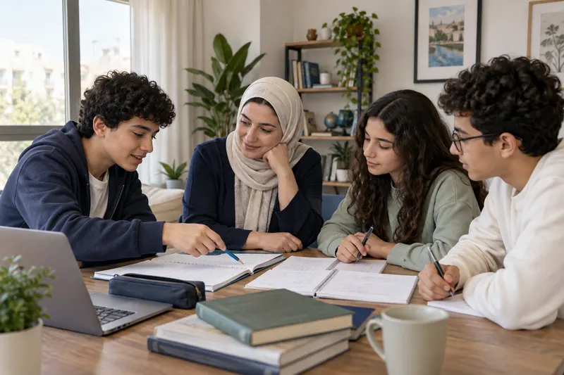 A parent sits with three teenagers at a table while they work through their notebooks together.